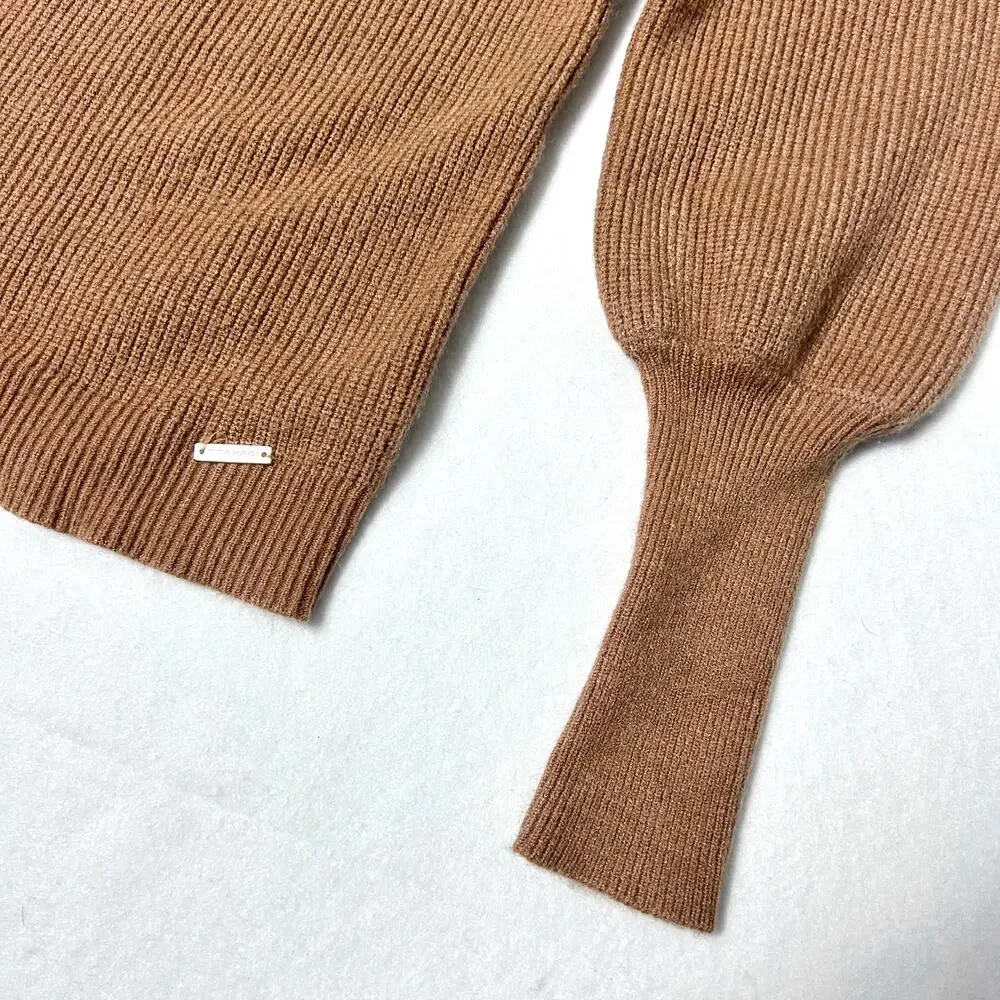 Tahari Sweater Women's Rib Knit Puff Sleeve Fitted Brown Camel Size Small‎